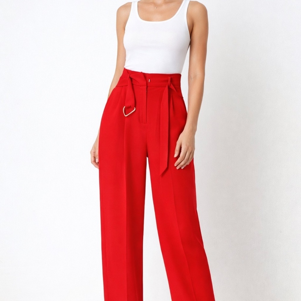 Zara orange High-Waist Wide-Leg Paperbag Trousers with Tie Belt